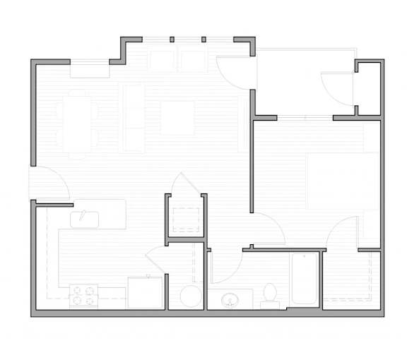 Floor Plan  A floor plan of a house with a kitchen, living room, and two bedrooms.